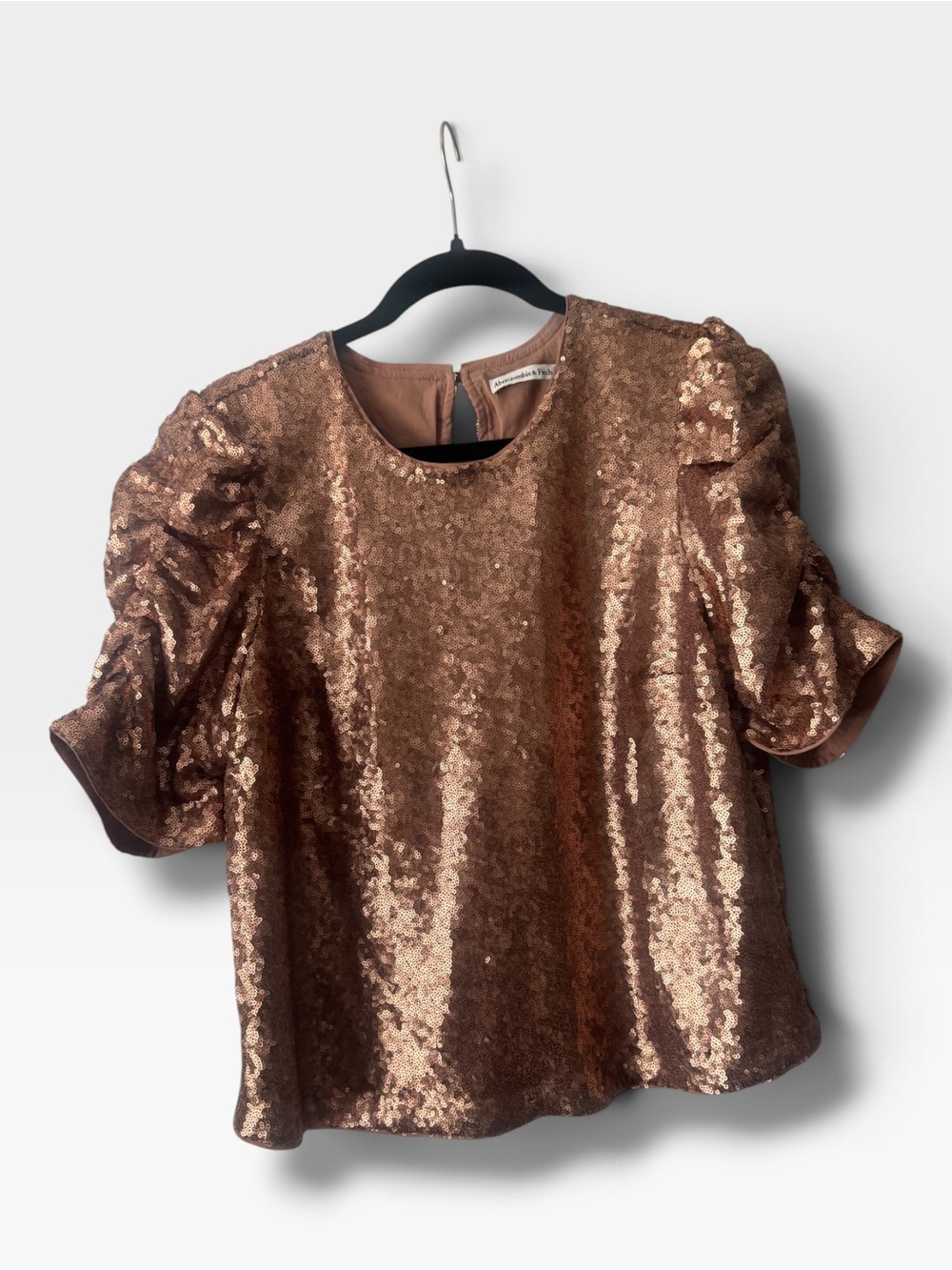 Abercrombie & Fitch Rose Gold Sequin Puff-Sleeve Top, Large